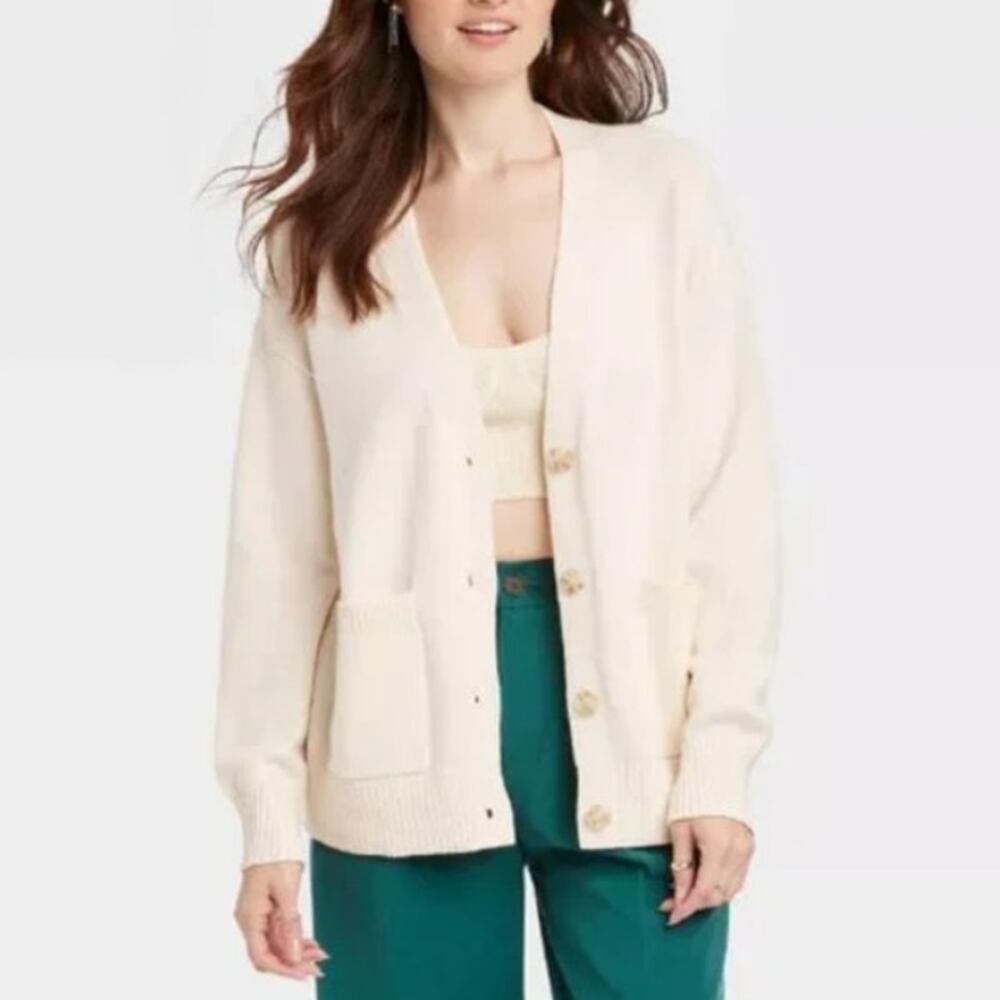 A New Day Women's Cozy V-Neck Cotton Blend Soft Cardigan Sweater Size XXL Cream